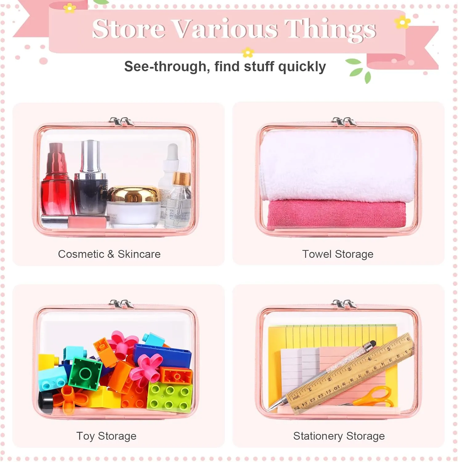 2 Pack Zippered Hard Pouch, Clear Plastic Storage Box Containers Small Toiletry Bag, Clear Hard Shell Zipper Case for Small Items, Toys, Building Blocks, Puzzles, Cosmetics, Stationery Accessories