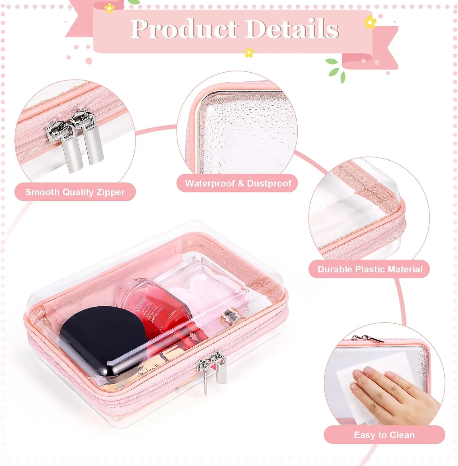 2 Pack Zippered Hard Pouch, Clear Plastic Storage Box Containers Small Toiletry Bag, Clear Hard Shell Zipper Case for Small Items, Toys, Building Blocks, Puzzles, Cosmetics, Stationery Accessories
