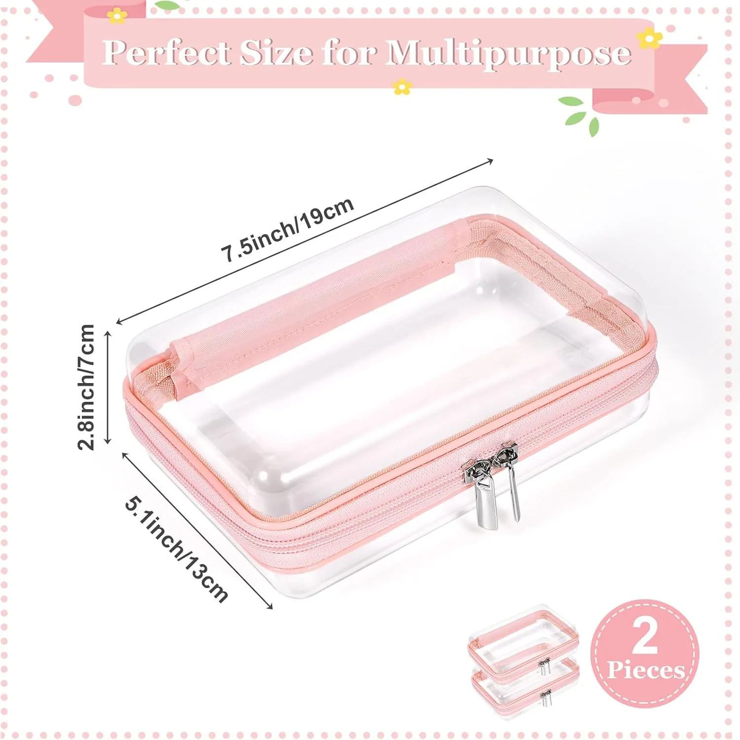 2 Pack Zippered Hard Pouch, Clear Plastic Storage Box Containers Small Toiletry Bag, Clear Hard Shell Zipper Case for Small Items, Toys, Building Blocks, Puzzles, Cosmetics, Stationery Accessories