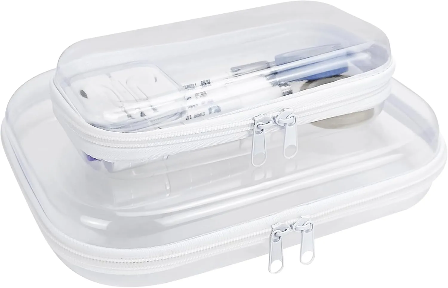 2Pcs Clear Hard Shell Zipper Case, Clear Zipper Pouches Hard Shell for Storage, Zippered Pouch Hard, Toiletries, Make Up Tools (Small and Medium)