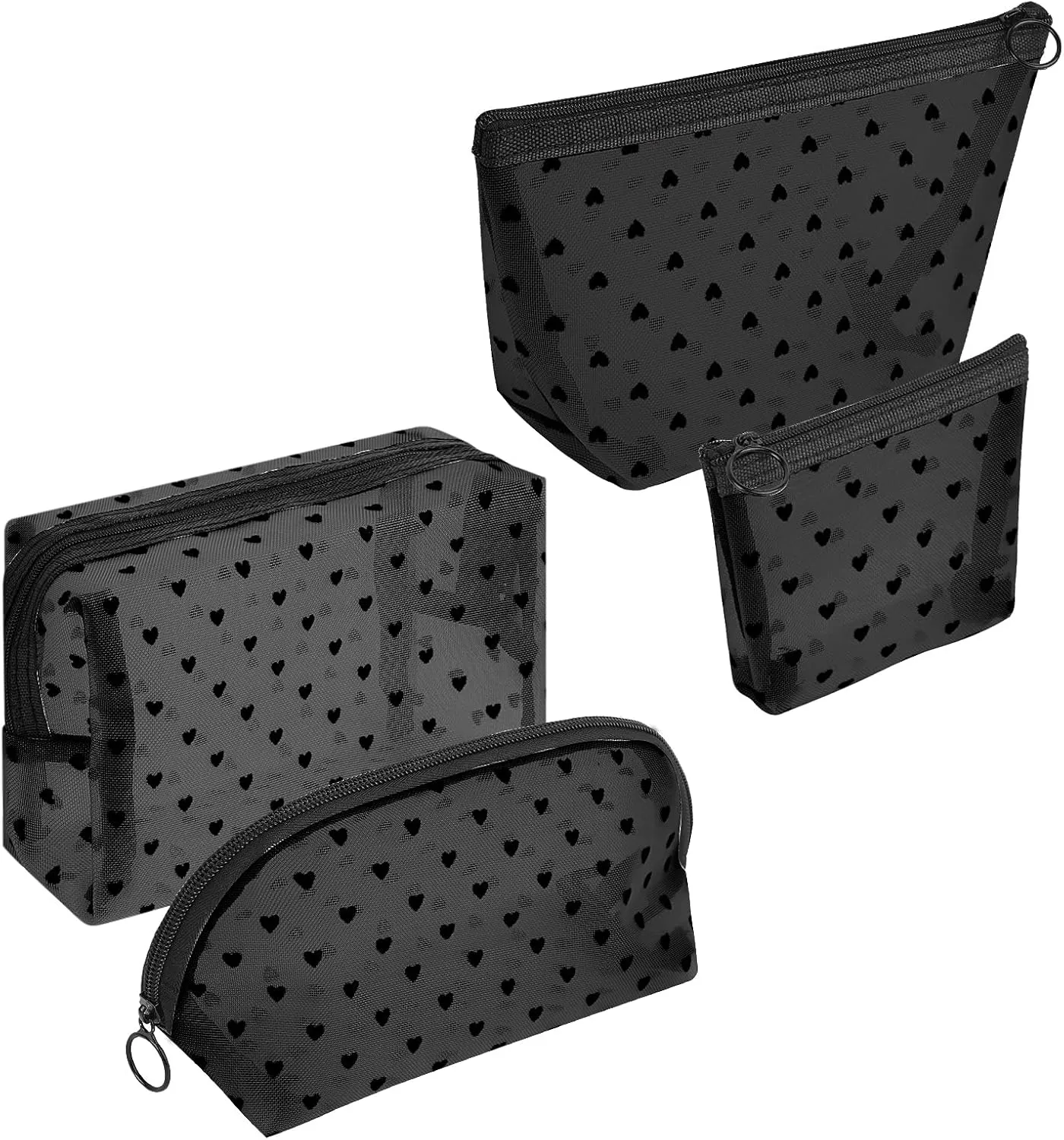 4 Pieces Mesh Cosmetic Bags, Portable Travel Mesh Makeup Bag, Heart Print Zipper Pouch Toiletry Bag for Women Girls (Black)