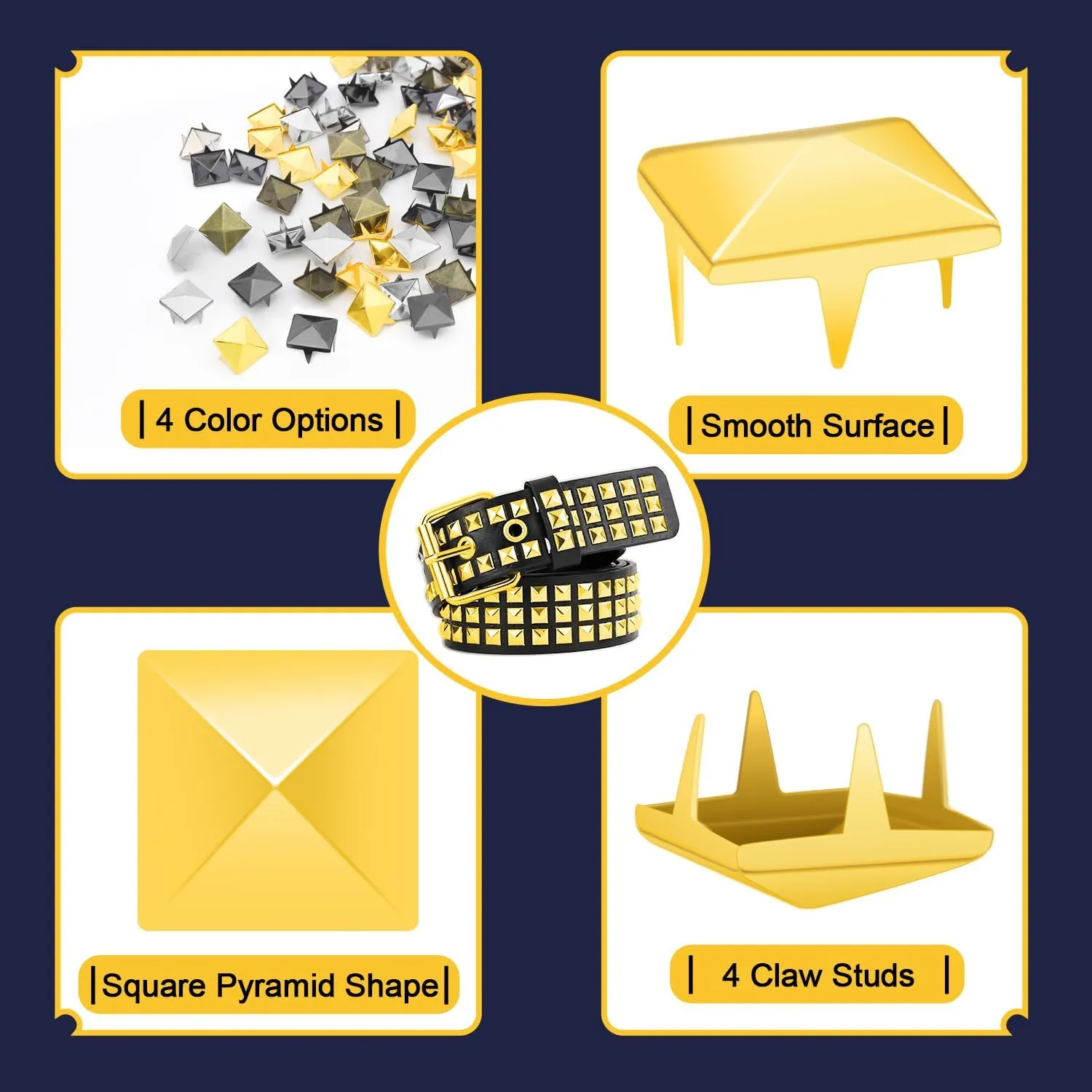 500Pcs 10mm Square Pyramid Studs for Clothing, Metal Claw Nailhead Spike Rivets Studs for Punk Rock Clothing Leather Shoes Bag DIY Craft Accessories (Assorted)