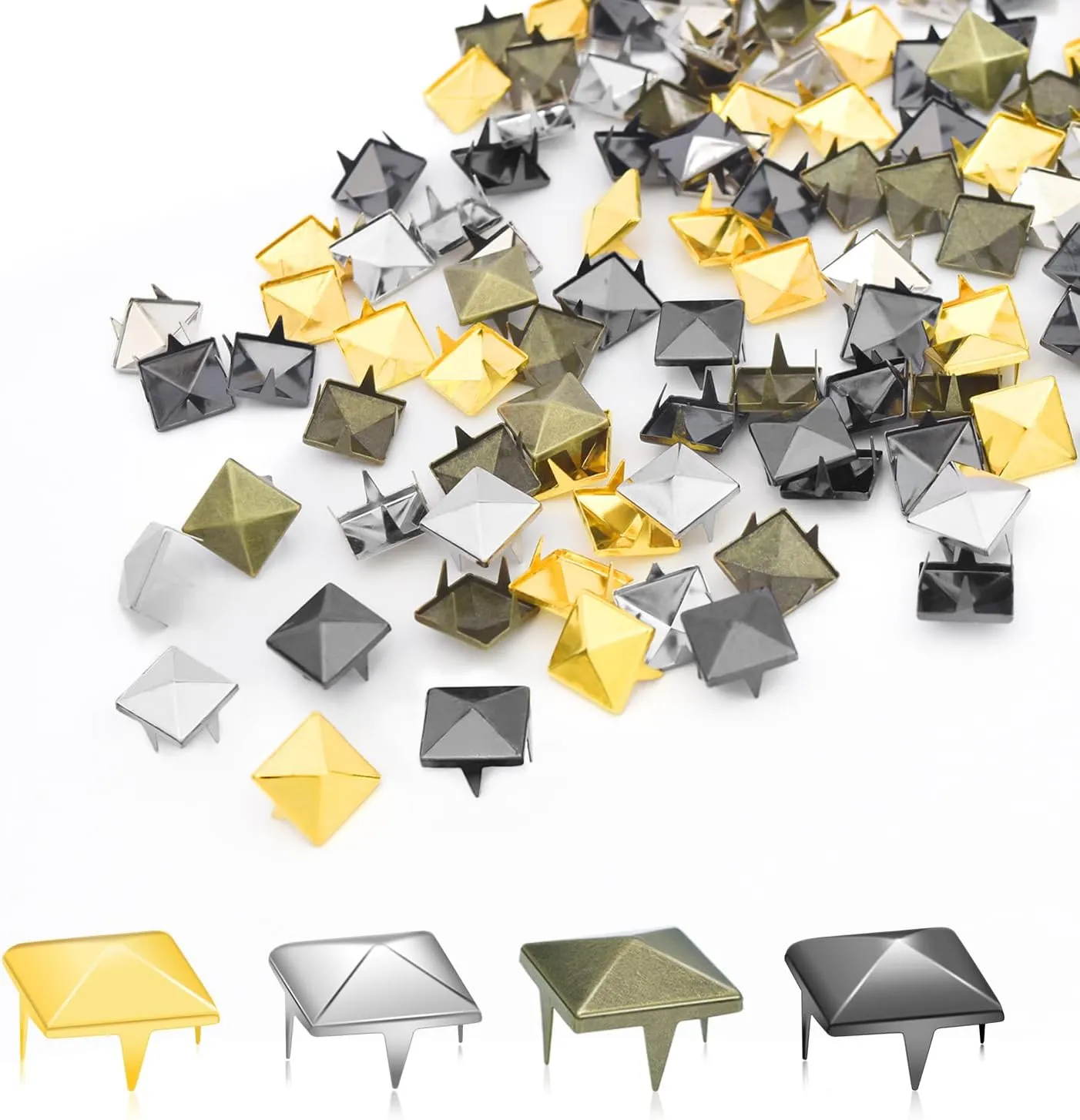500Pcs 10mm Square Pyramid Studs for Clothing, Metal Claw Nailhead Spike Rivets Studs for Punk Rock Clothing Leather Shoes Bag DIY Craft Accessories (Assorted)