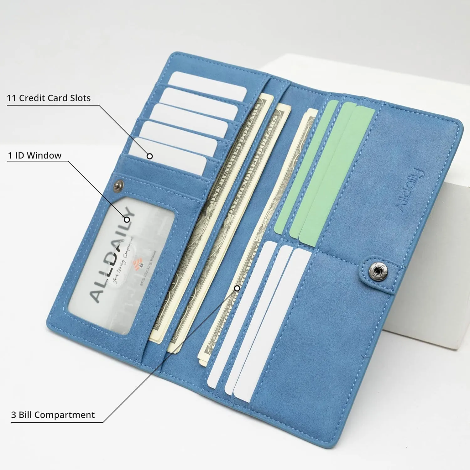 Alldaily Ultra Slim Thin Women Wallet RFID Blocking Credit Card Holder Bifold Long Ladies Billfold (Blue)
