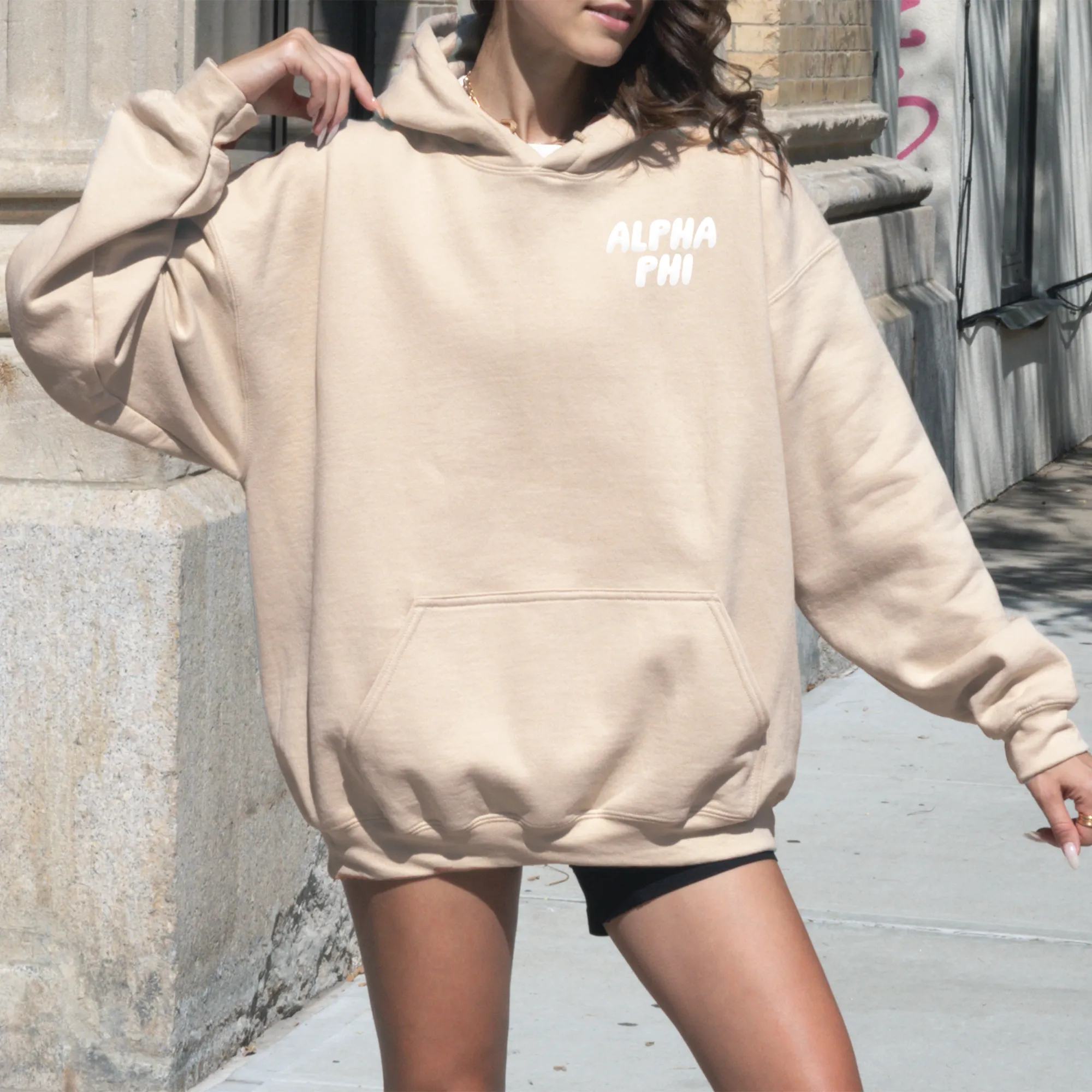 Alpha Phi Tan Hoodie with Puff Design - Foxy Season
