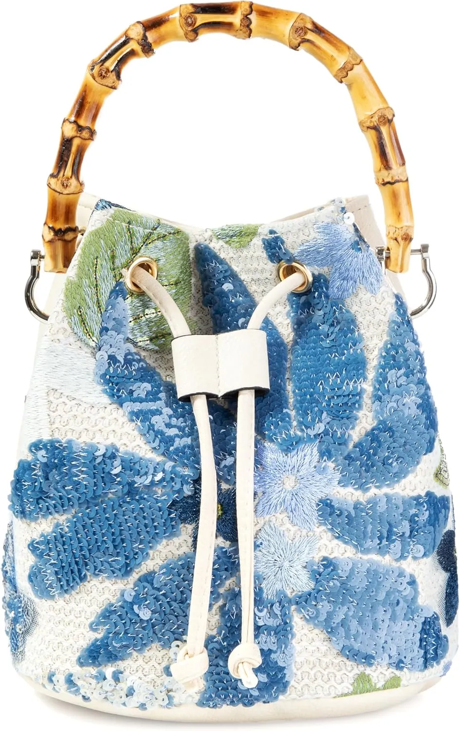 Bamboo Handle Sequin Blue Floral Embroidered Bucket Handbag with Detachable Strap Evening Bag for Wedding Party