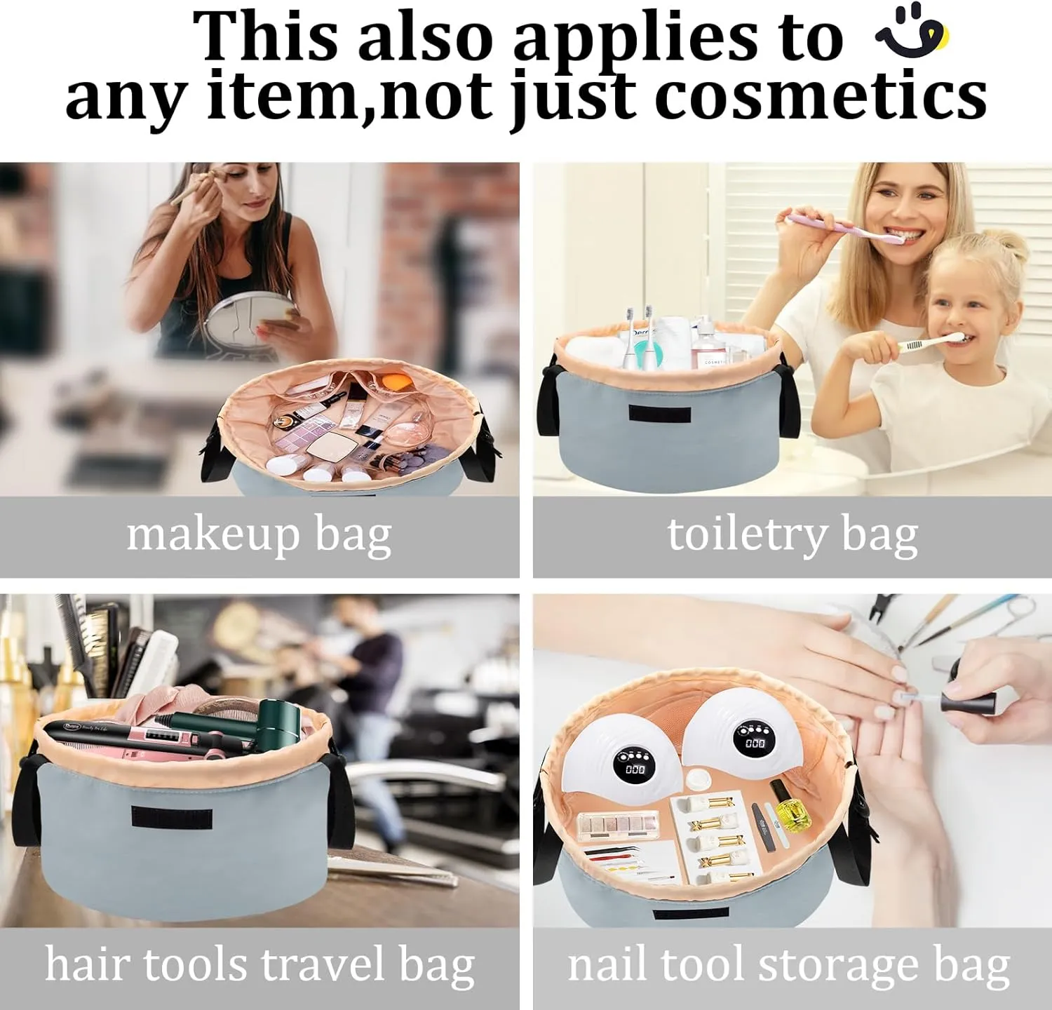 Barrel Drawstring Makeup Bag Large Travel Makeup Bag,Portable Large Capacity Cosmetic Bag Toiletry Organizer for Travel Accessories Make Up Essentials and Hair Product,Gifts for Women (greyish blue)