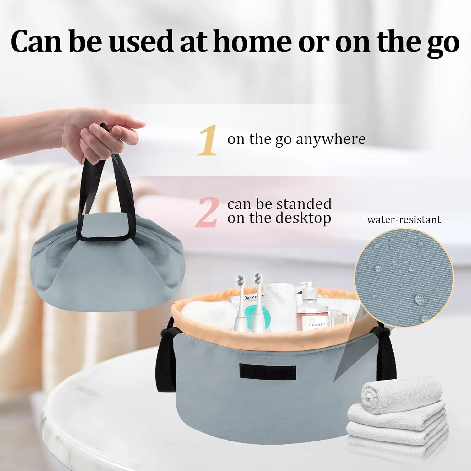 Barrel Drawstring Makeup Bag Large Travel Makeup Bag,Portable Large Capacity Cosmetic Bag Toiletry Organizer for Travel Accessories Make Up Essentials and Hair Product,Gifts for Women (greyish blue)