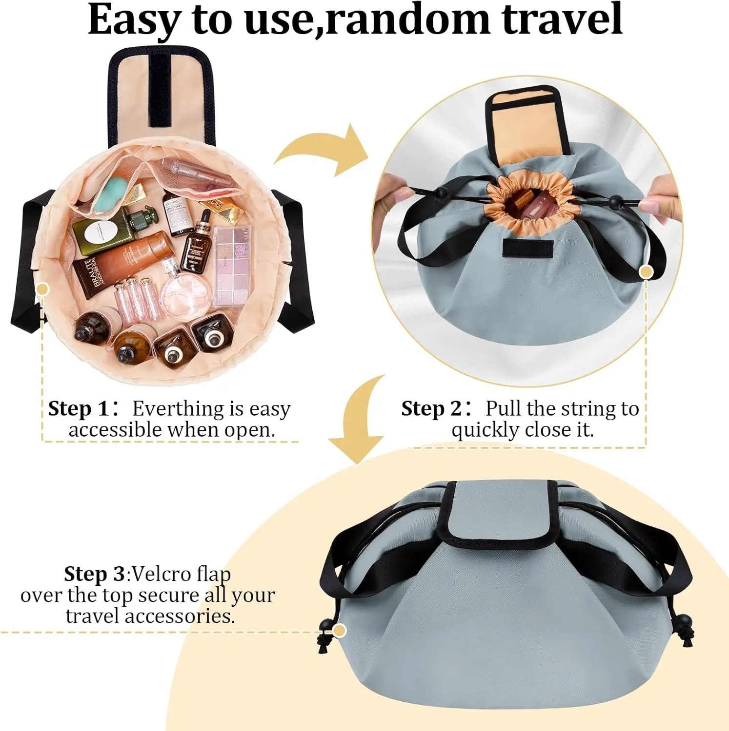 Barrel Drawstring Makeup Bag Large Travel Makeup Bag,Portable Large Capacity Cosmetic Bag Toiletry Organizer for Travel Accessories Make Up Essentials and Hair Product,Gifts for Women (greyish blue)