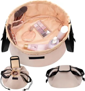 Barrel Drawstring Makeup Bag Large Travel Makeup Bag,Portable Large Capacity Cosmetic Bag Toiletry Organizer for Travel Accessories Make Up Essentials and Hair Product,Gifts (Khaki)