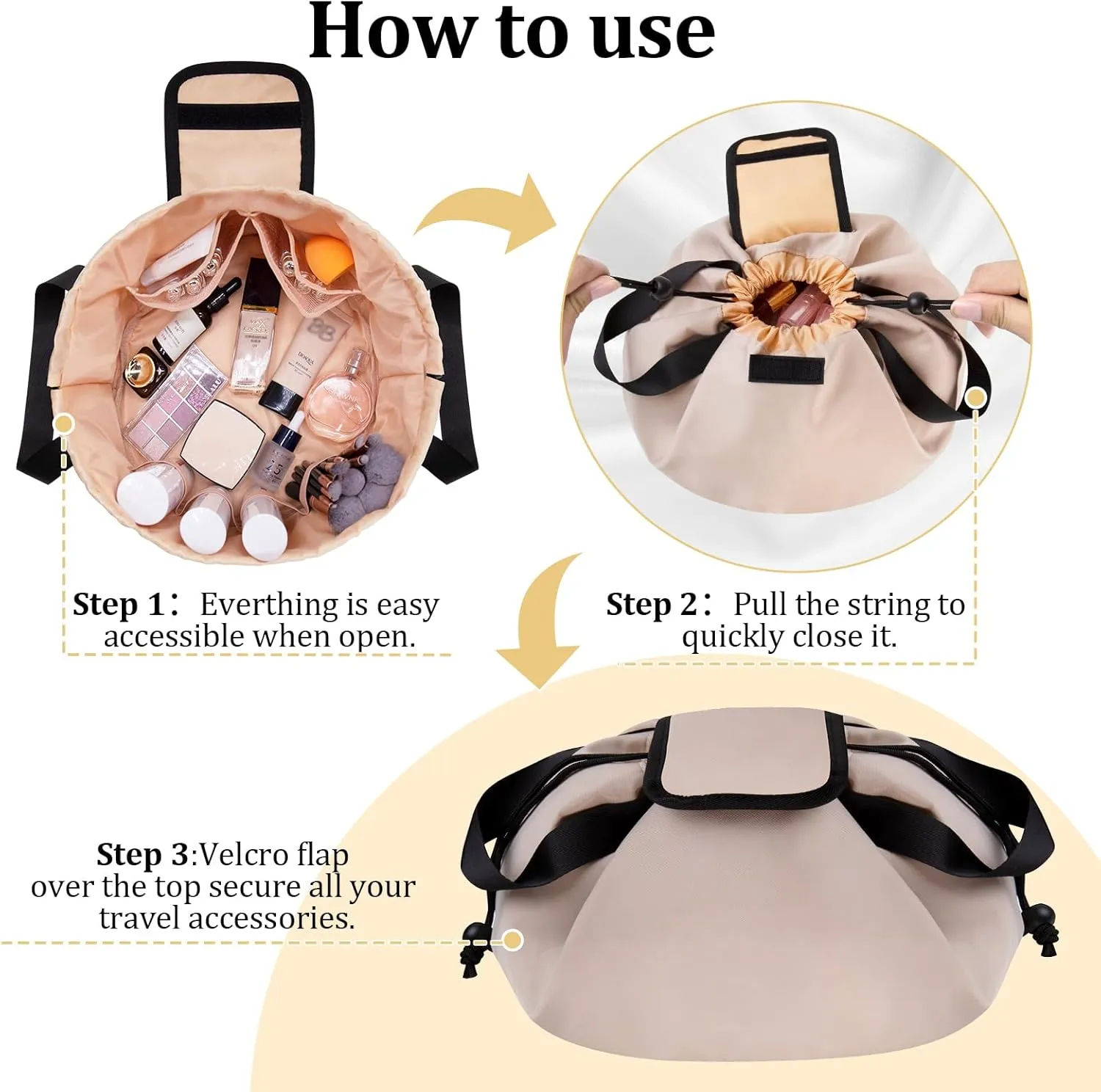 Barrel Drawstring Makeup Bag Large Travel Makeup Bag,Portable Large Capacity Cosmetic Bag Toiletry Organizer for Travel Accessories Make Up Essentials and Hair Product,Gifts (Khaki)