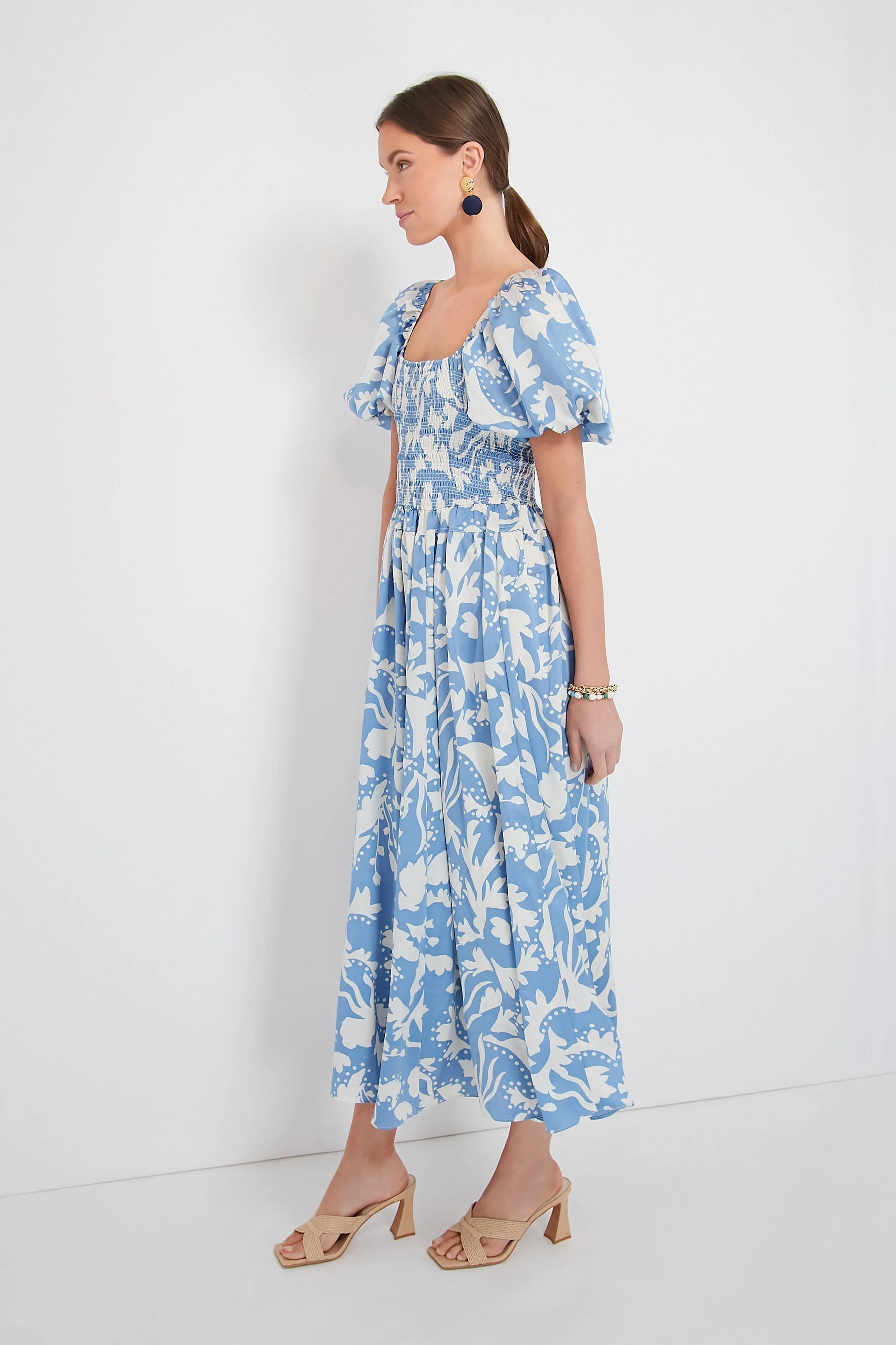 Blue Puff Sleeve Midi Dress