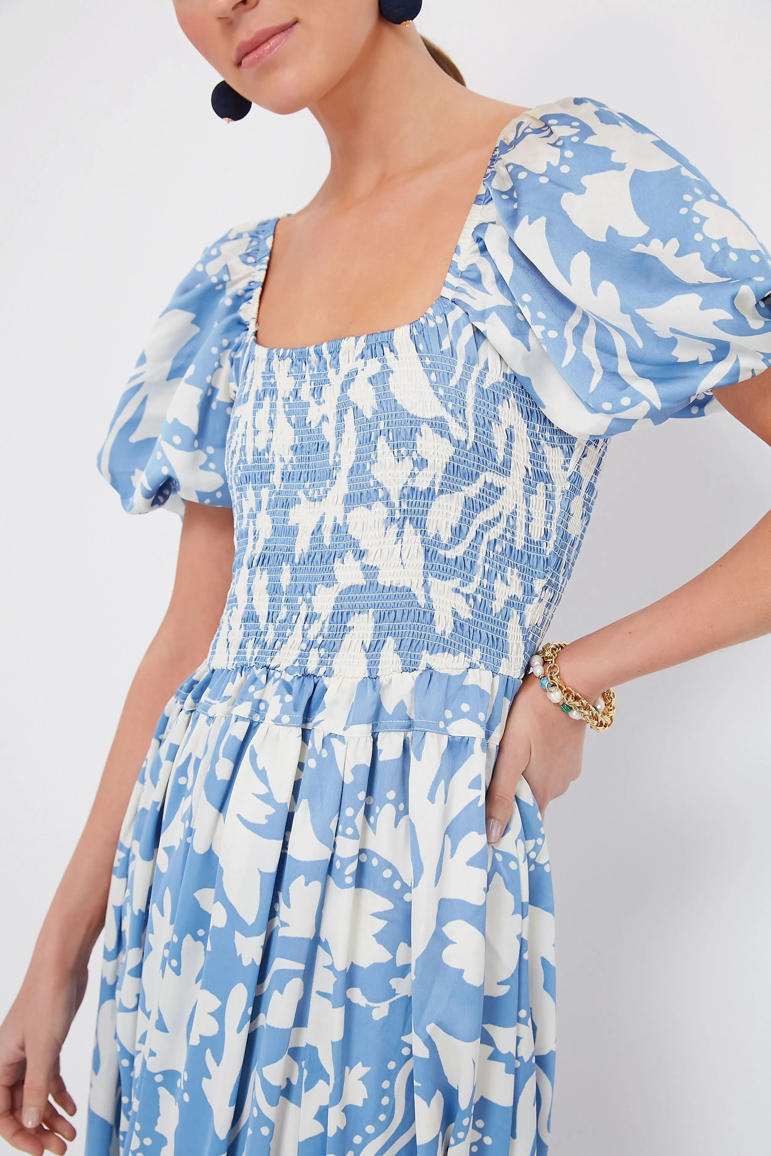 Blue Puff Sleeve Midi Dress