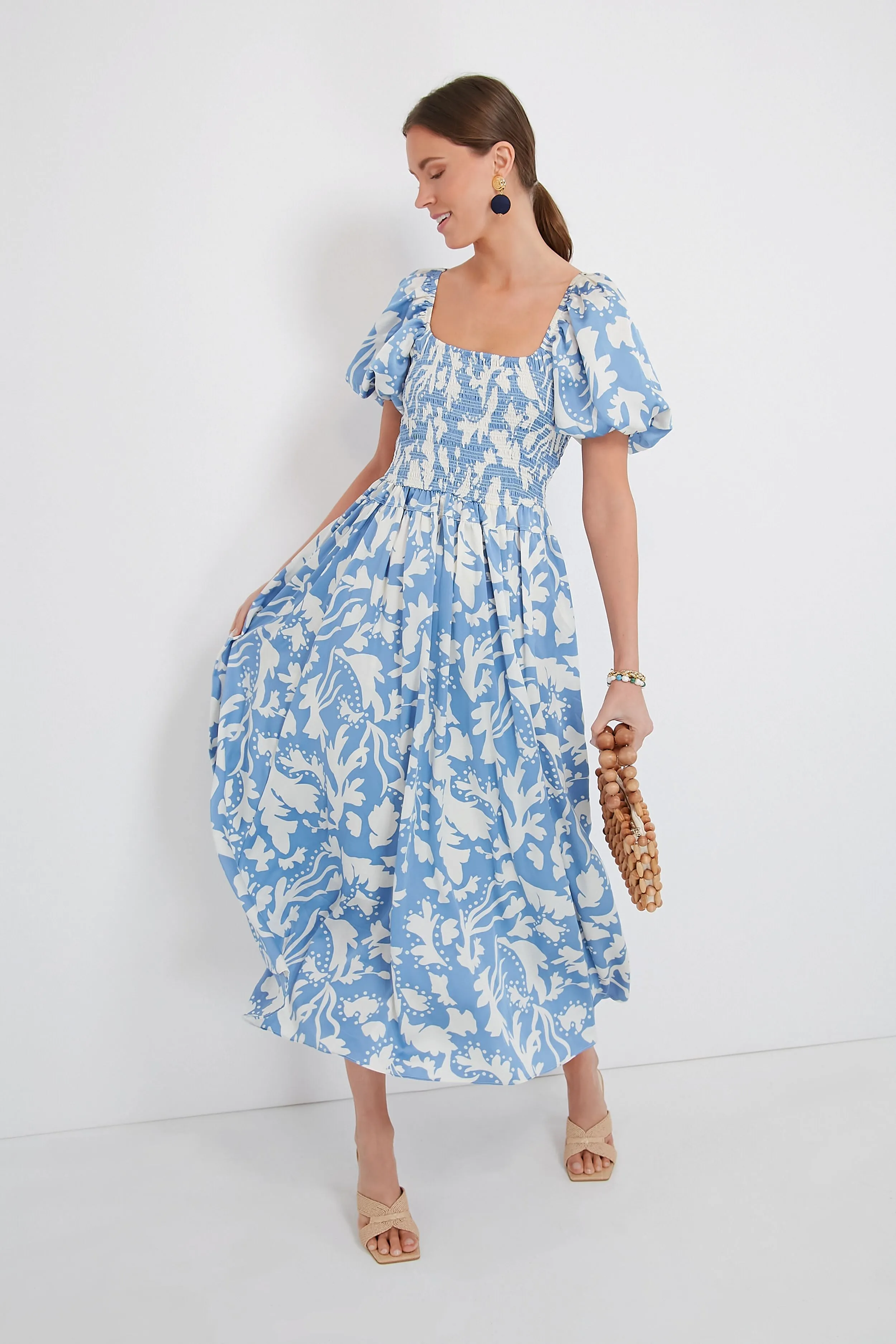 Blue Puff Sleeve Midi Dress