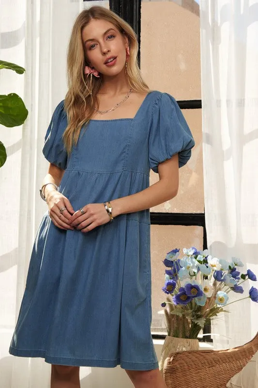 Blue Square Neck Puff Sleeve Denim Dress