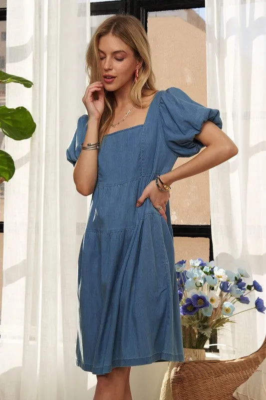 Blue Square Neck Puff Sleeve Denim Dress
