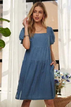 Blue Square Neck Puff Sleeve Denim Dress