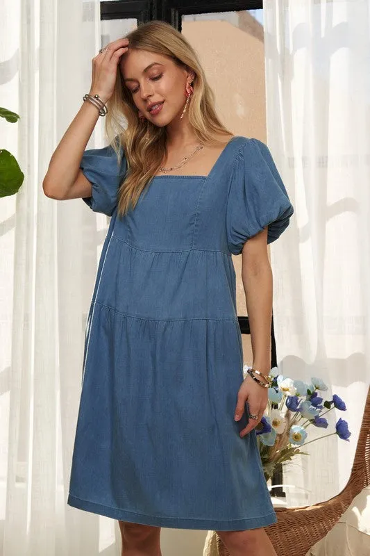 Blue Square Neck Puff Sleeve Denim Dress