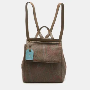 Brown Paisley Print Coated Canvas Backpack