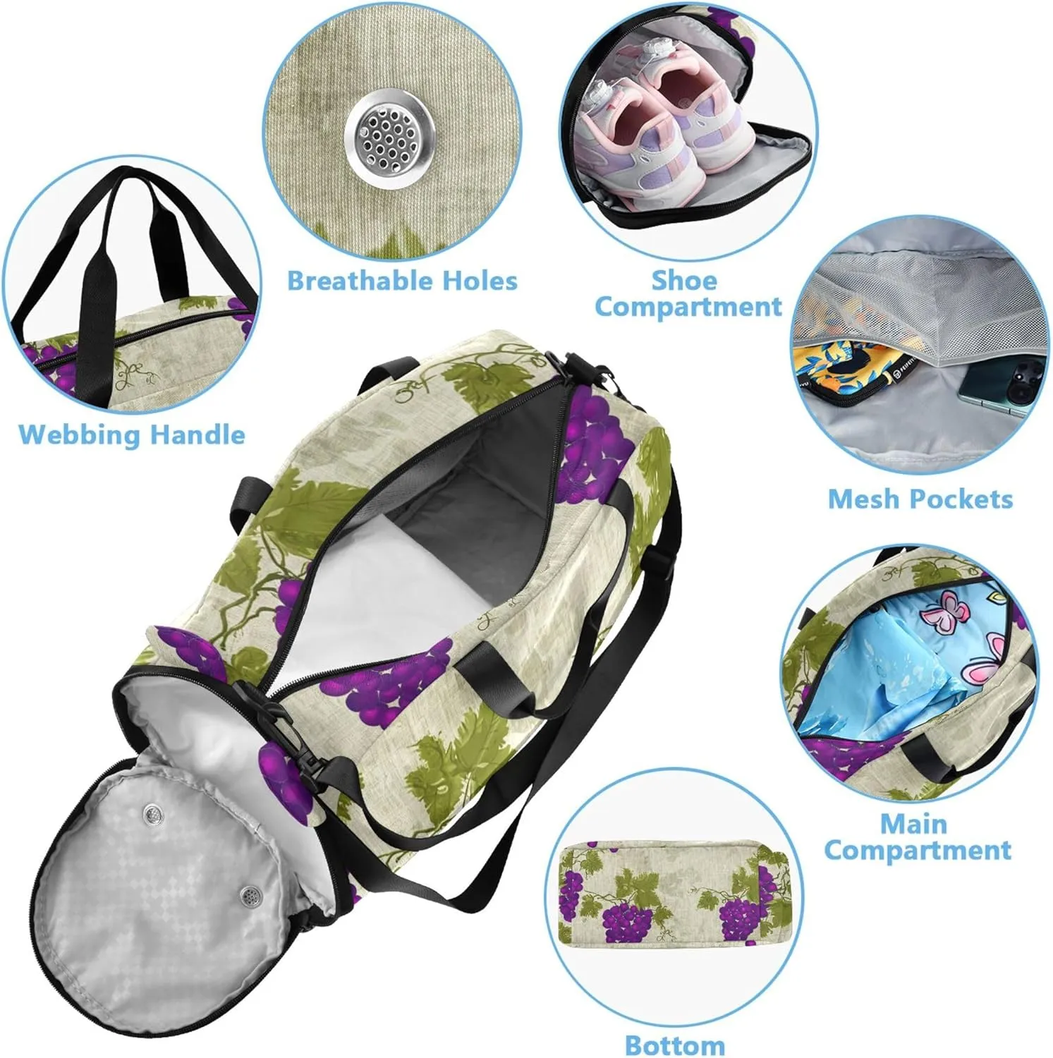 Carry on Duffel for Boys Vintage Purple Grapes Weekender Overnight Travel Duffle Bags Girls Tote Luggage Kids Sports
