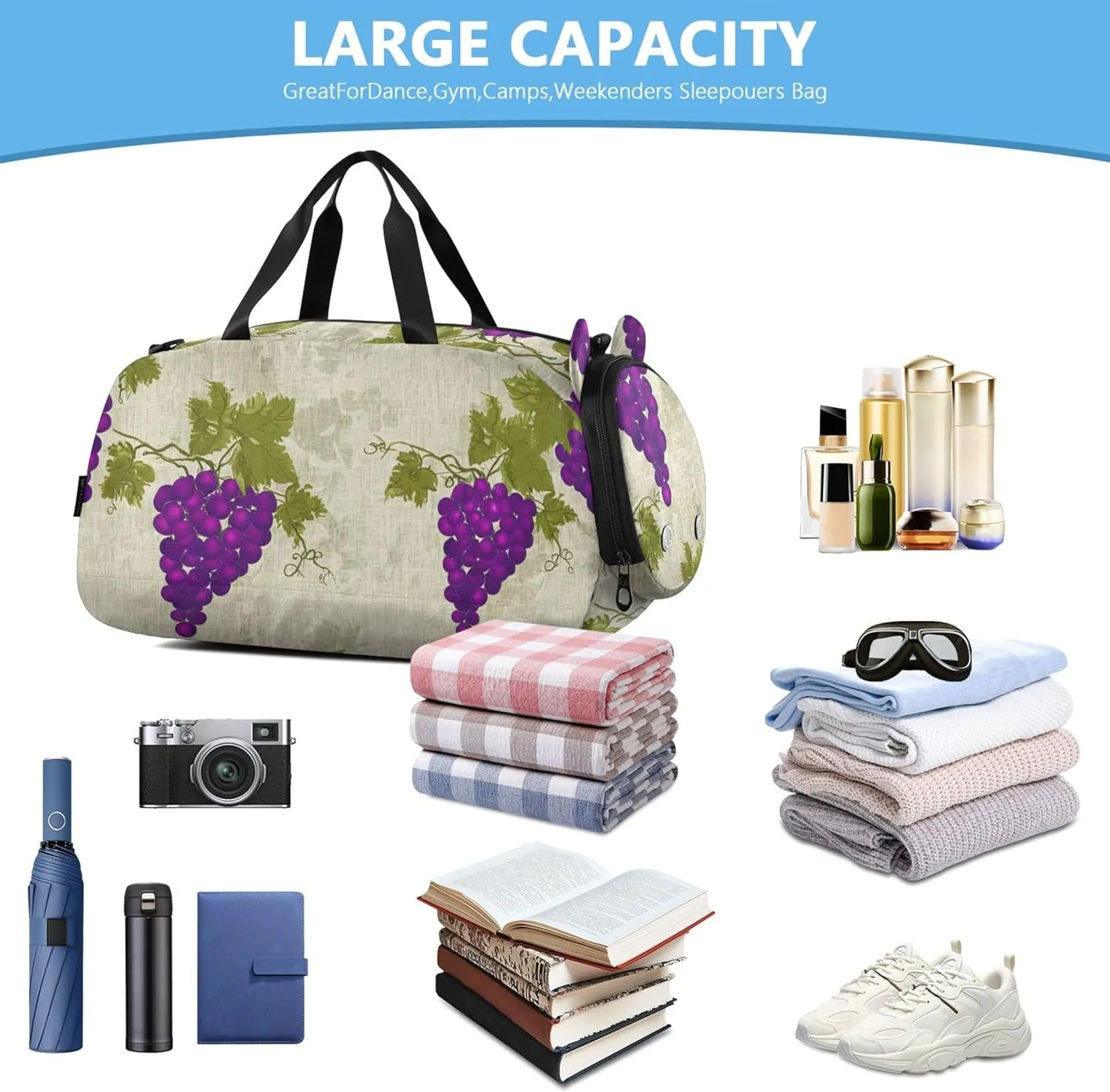 Carry on Duffel for Boys Vintage Purple Grapes Weekender Overnight Travel Duffle Bags Girls Tote Luggage Kids Sports