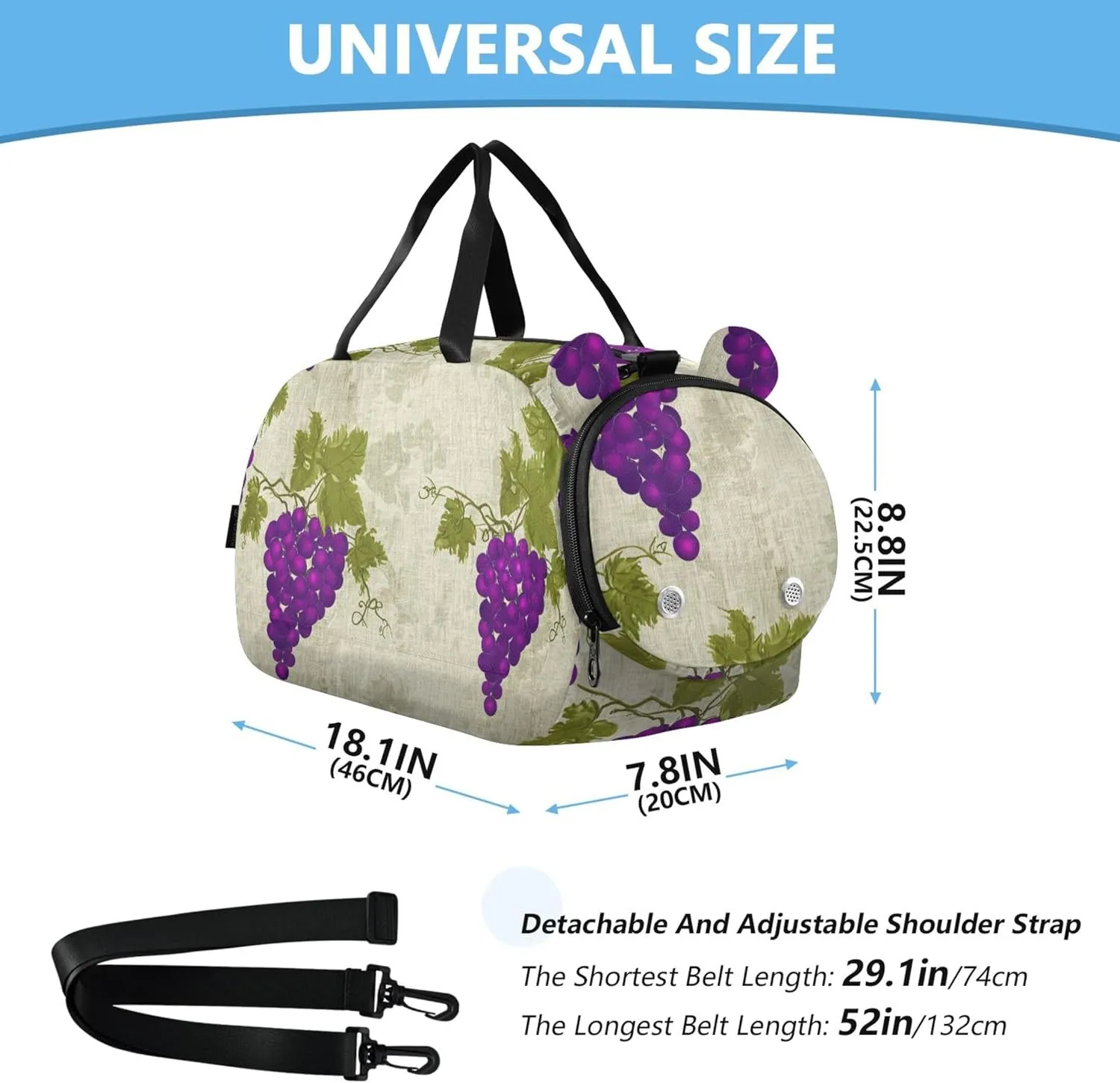 Carry on Duffel for Boys Vintage Purple Grapes Weekender Overnight Travel Duffle Bags Girls Tote Luggage Kids Sports