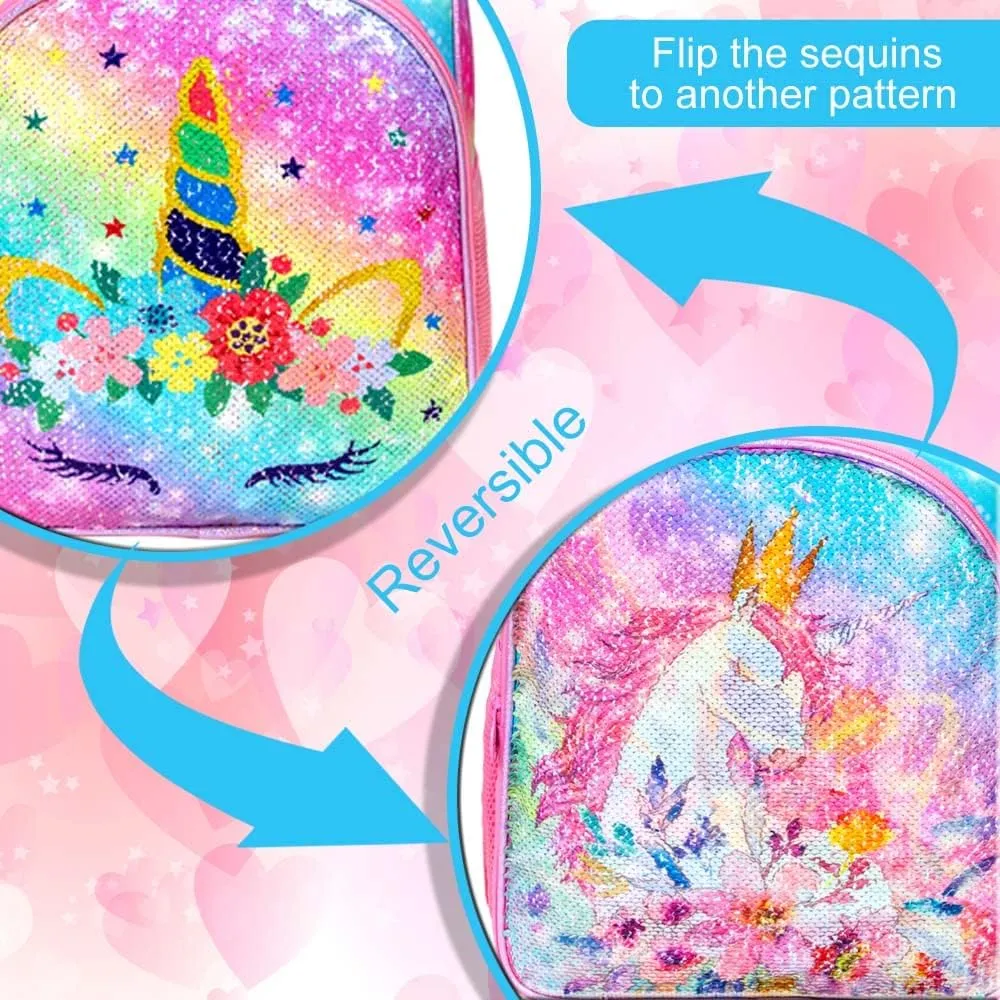 CCJPX 3PCS Unicorn Backpack for Girls, 16 Kids Sequin Bookbag and Lunch Box for Kindergarten Elementary