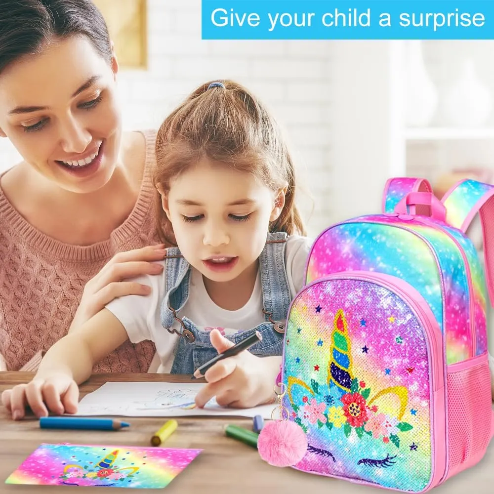 CCJPX 3PCS Unicorn Backpack for Girls, 16 Kids Sequin Bookbag and Lunch Box for Kindergarten Elementary