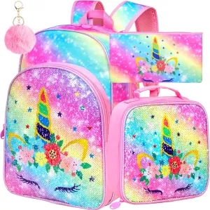 CCJPX 3PCS Unicorn Backpack for Girls, 16 Kids Sequin Bookbag and Lunch Box for Kindergarten Elementary