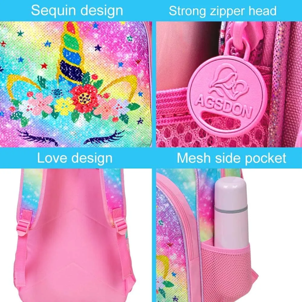 CCJPX 3PCS Unicorn Backpack for Girls, 16 Kids Sequin Bookbag and Lunch Box for Kindergarten Elementary
