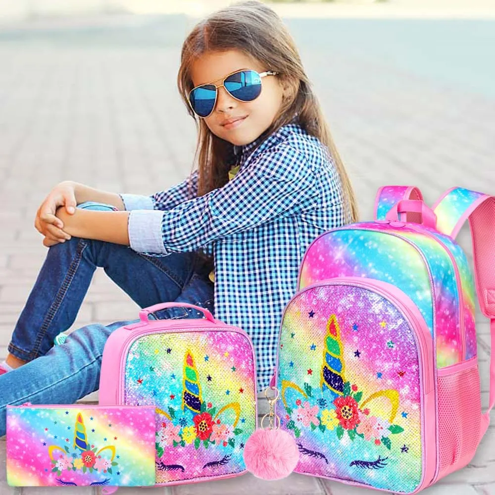 CCJPX 3PCS Unicorn Backpack for Girls, 16 Kids Sequin Bookbag and Lunch Box for Kindergarten Elementary