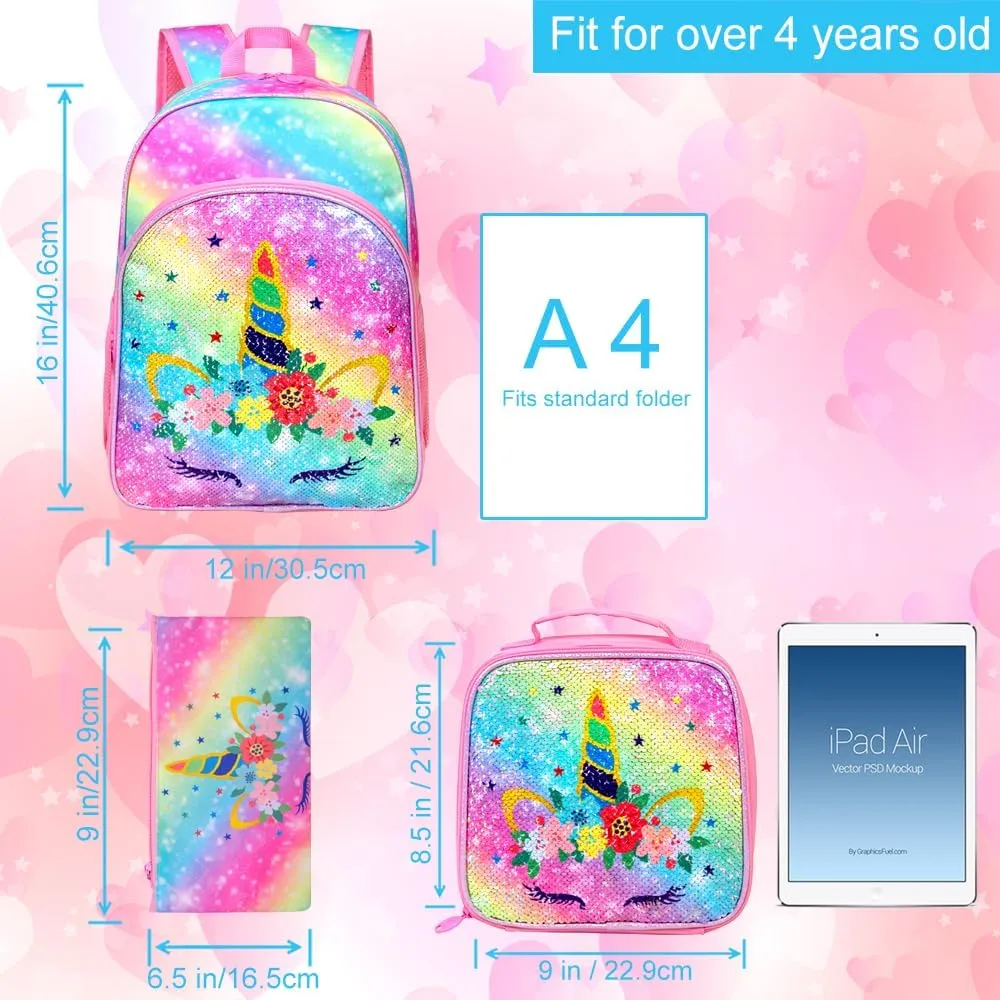 CCJPX 3PCS Unicorn Backpack for Girls, 16 Kids Sequin Bookbag and Lunch Box for Kindergarten Elementary