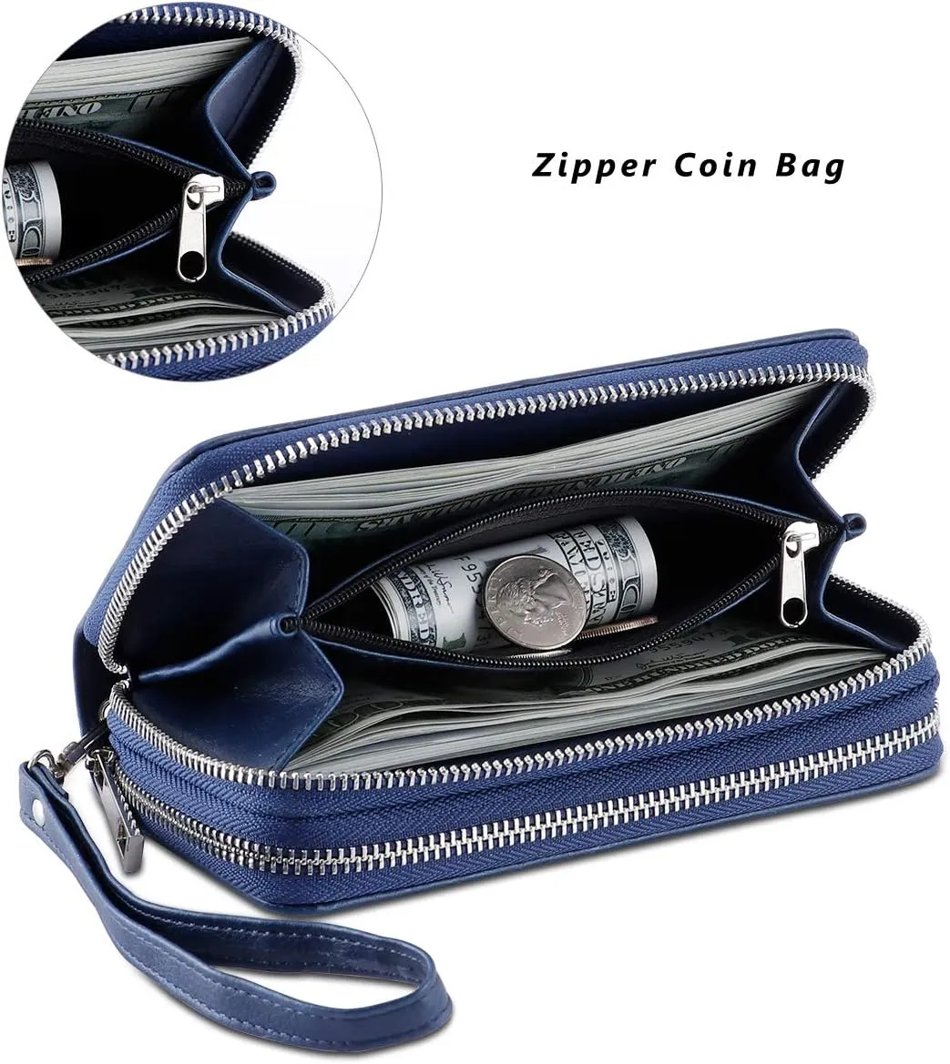 Cellphone Wallet for Women Dual Zipper Long Purse with Removable Wristlet