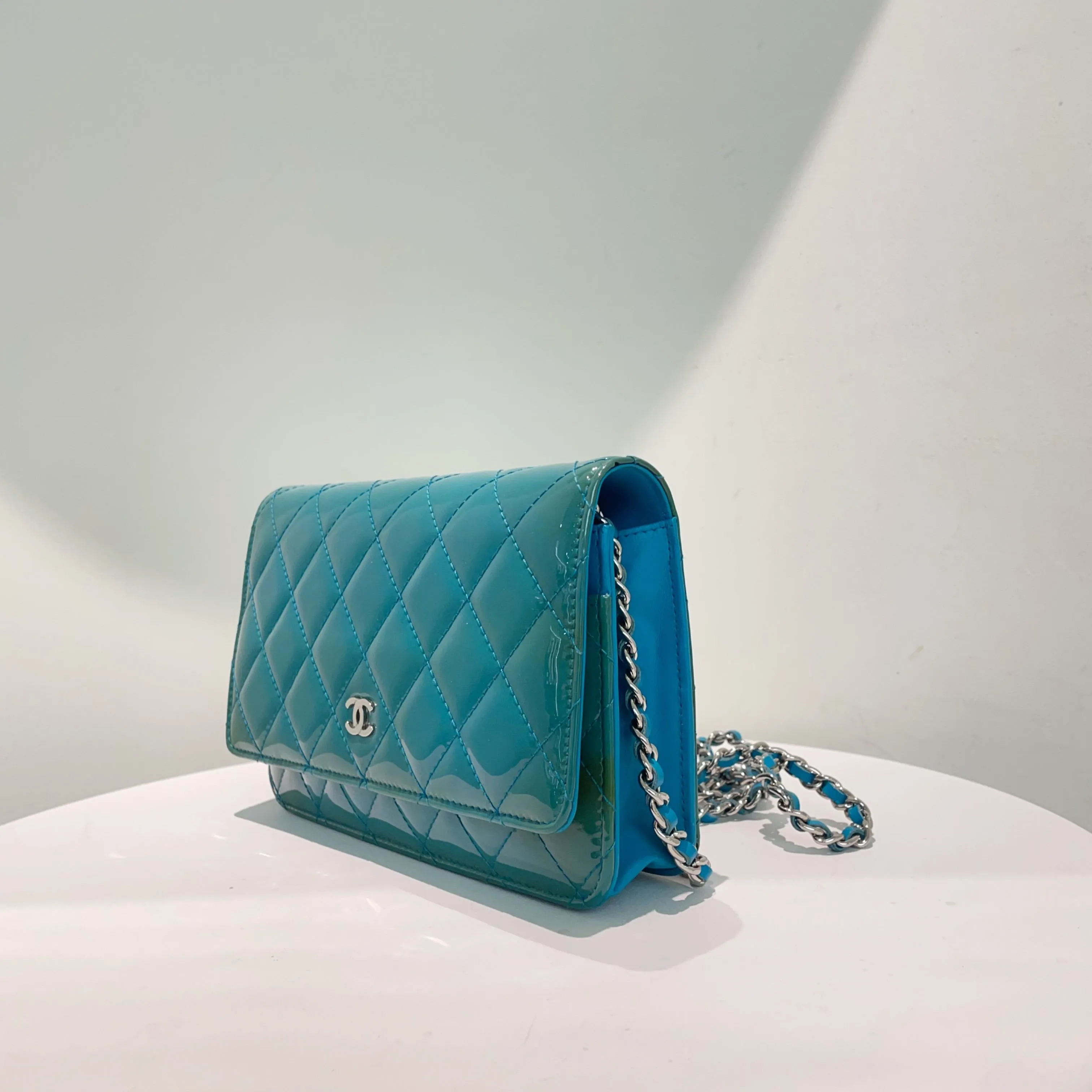 Chanel WOC Bag Blue Patent Leather Crossbody Wallet on Chain