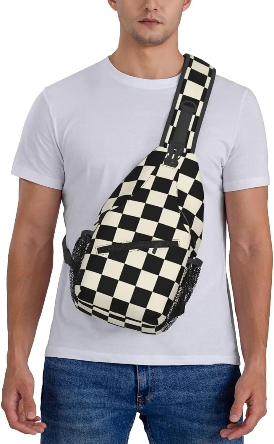 Checkered Sling Bag Crossbody Backpack,Abstract Checkerboard Pattern Car Racing Sports Design Chest Bag Casual Shoulder Backpack Geometric Plaid Pattern Travel Hiking Daypack for Men Women