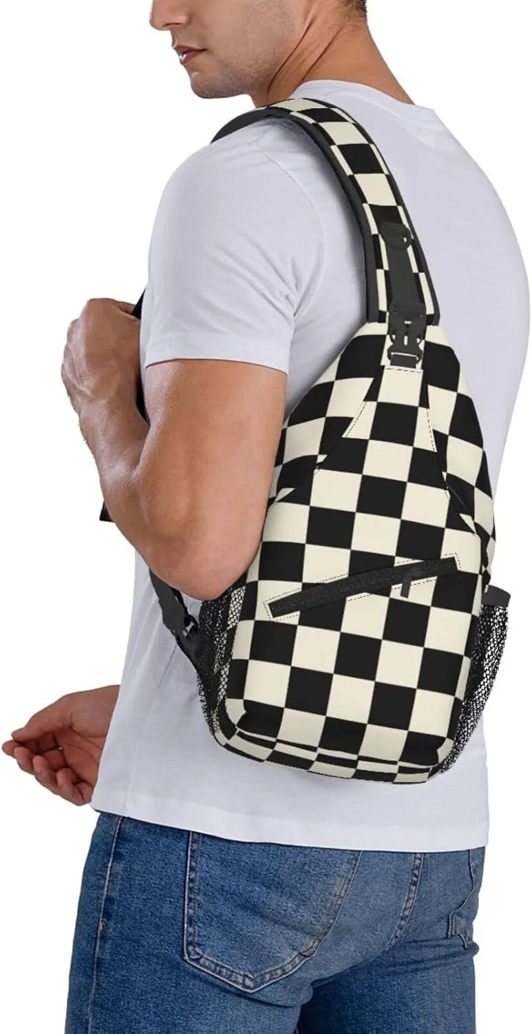 Checkered Sling Bag Crossbody Backpack,Abstract Checkerboard Pattern Car Racing Sports Design Chest Bag Casual Shoulder Backpack Geometric Plaid Pattern Travel Hiking Daypack for Men Women