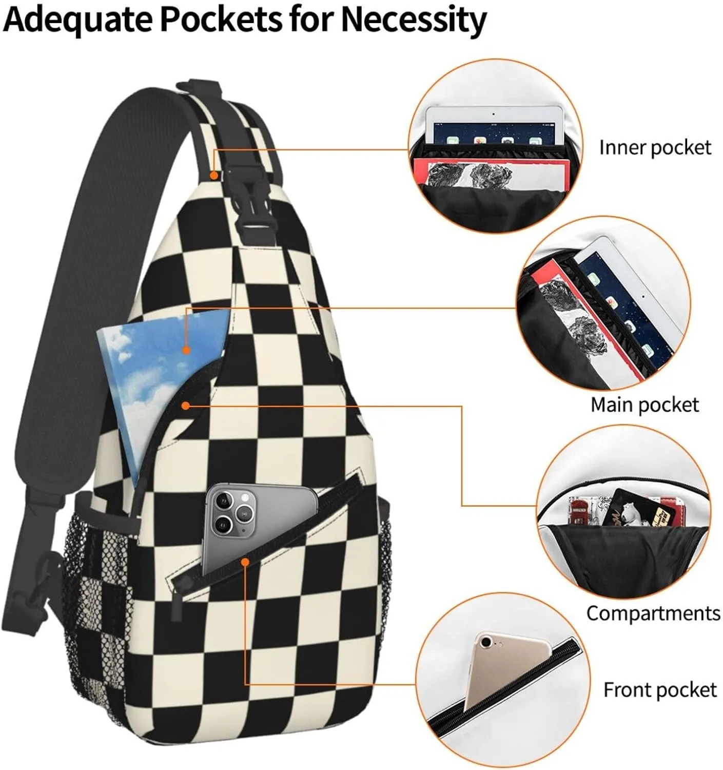 Checkered Sling Bag Crossbody Backpack,Abstract Checkerboard Pattern Car Racing Sports Design Chest Bag Casual Shoulder Backpack Geometric Plaid Pattern Travel Hiking Daypack for Men Women