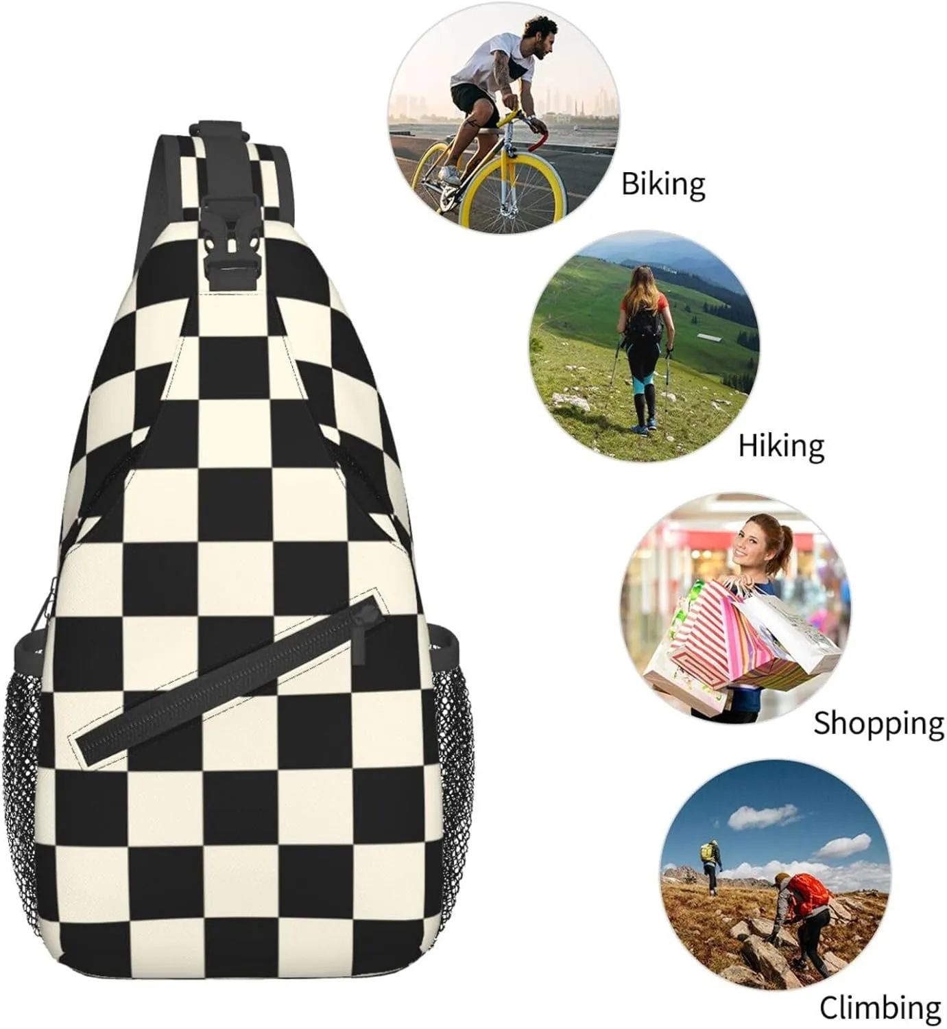 Checkered Sling Bag Crossbody Backpack,Abstract Checkerboard Pattern Car Racing Sports Design Chest Bag Casual Shoulder Backpack Geometric Plaid Pattern Travel Hiking Daypack for Men Women