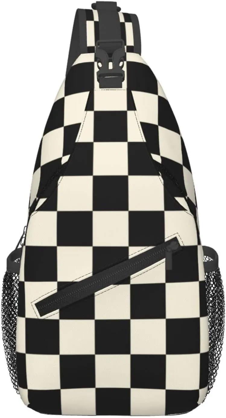 Checkered Sling Bag Crossbody Backpack,Abstract Checkerboard Pattern Car Racing Sports Design Chest Bag Casual Shoulder Backpack Geometric Plaid Pattern Travel Hiking Daypack for Men Women
