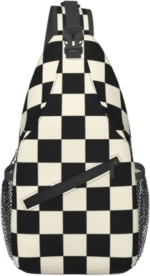 Checkered Sling Bag Crossbody Backpack,Abstract Checkerboard Pattern Car Racing Sports Design Chest Bag Casual Shoulder Backpack Geometric Plaid Pattern Travel Hiking Daypack for Men Women