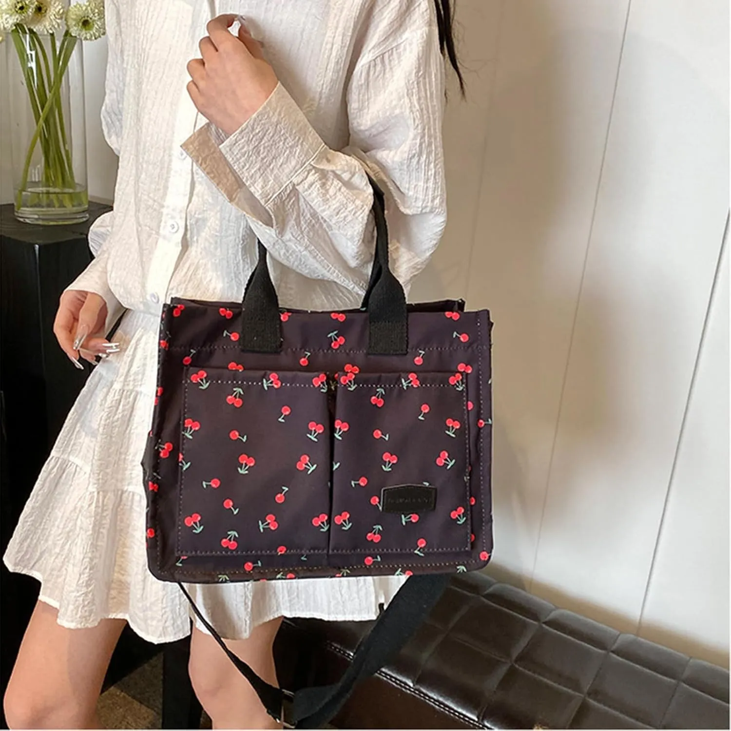 Cherry Tote Bag for Women Canvas Patched Purse Cute Shoulder Bag Multi-Pocket Satchel Handbag for work travel