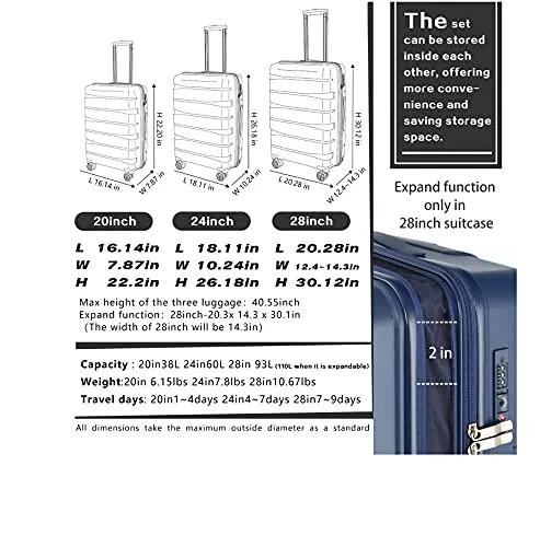 COOLIFE 3 Piece Expandable Luggage Set With TSA Lock - Black