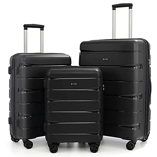 COOLIFE 3 Piece Expandable Luggage Set With TSA Lock - Black