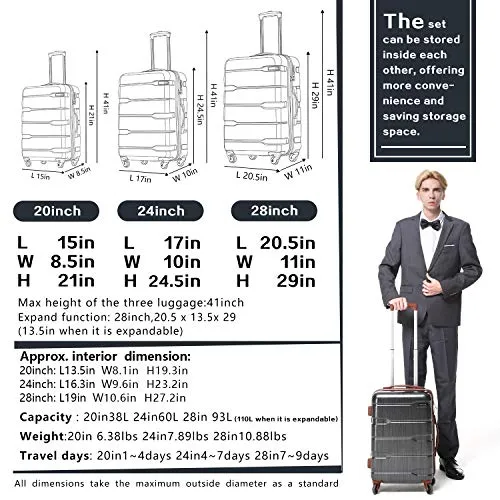 Coolife Luggage Expandable 3 Piece Sets PC ABS Spinner Suitcase 20 inch 24 inch 28 inch (Radiant Pink new)