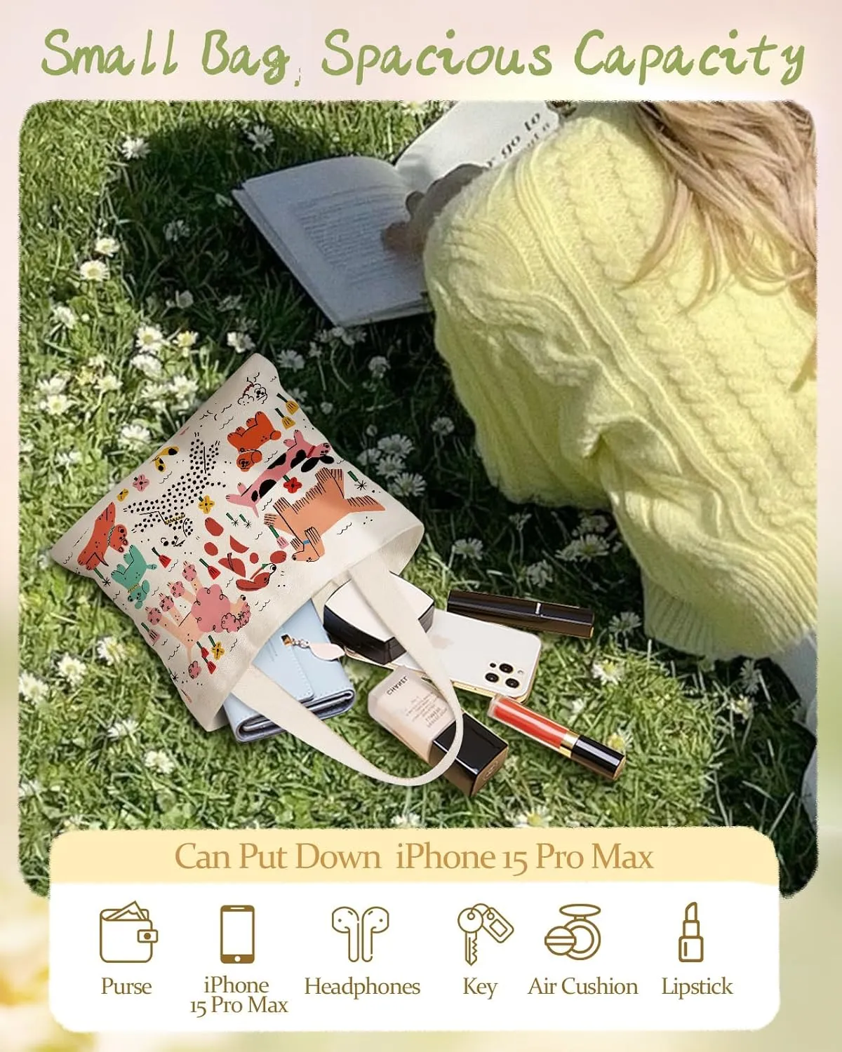 Cute Mini Canvas Tote Bag for Kids - Small Bags Size 8'' 6'' Magnetic Buckle for Women Girls Cloth Cotton