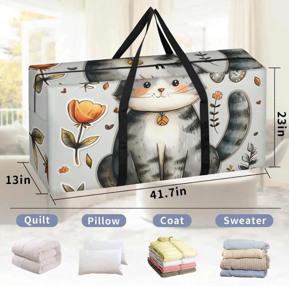 Extra Large Moving Bags Cute Cat Butterfly Storage Bags with Handles and Zippers Large Packing Bags for Space Saving Storage Totes Moving Supplies