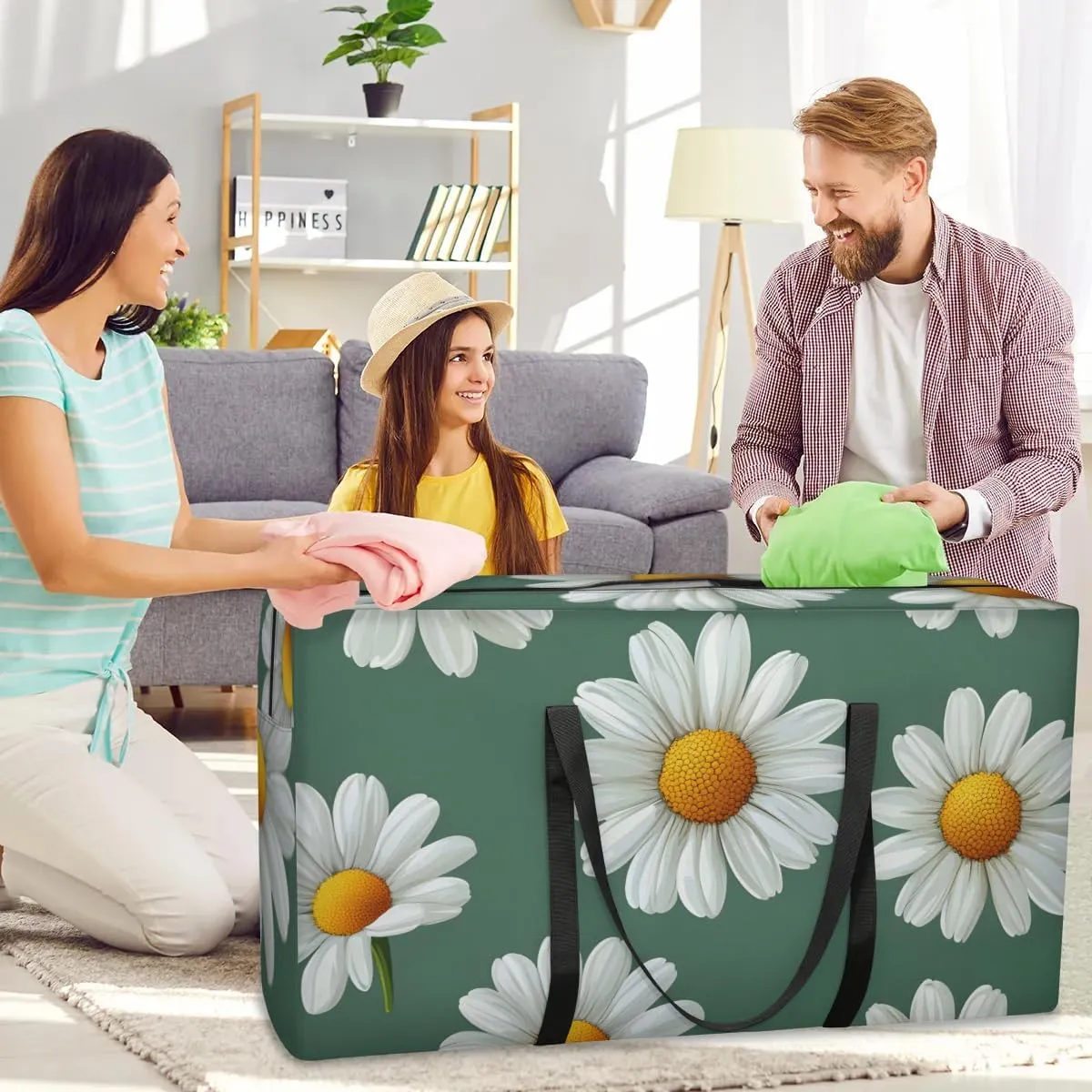 Extra Large Moving Bags Daisies Floral Storage Bags with Handles and Zippers Large Packing Bags for Space Saving Storage Totes Moving Supplies