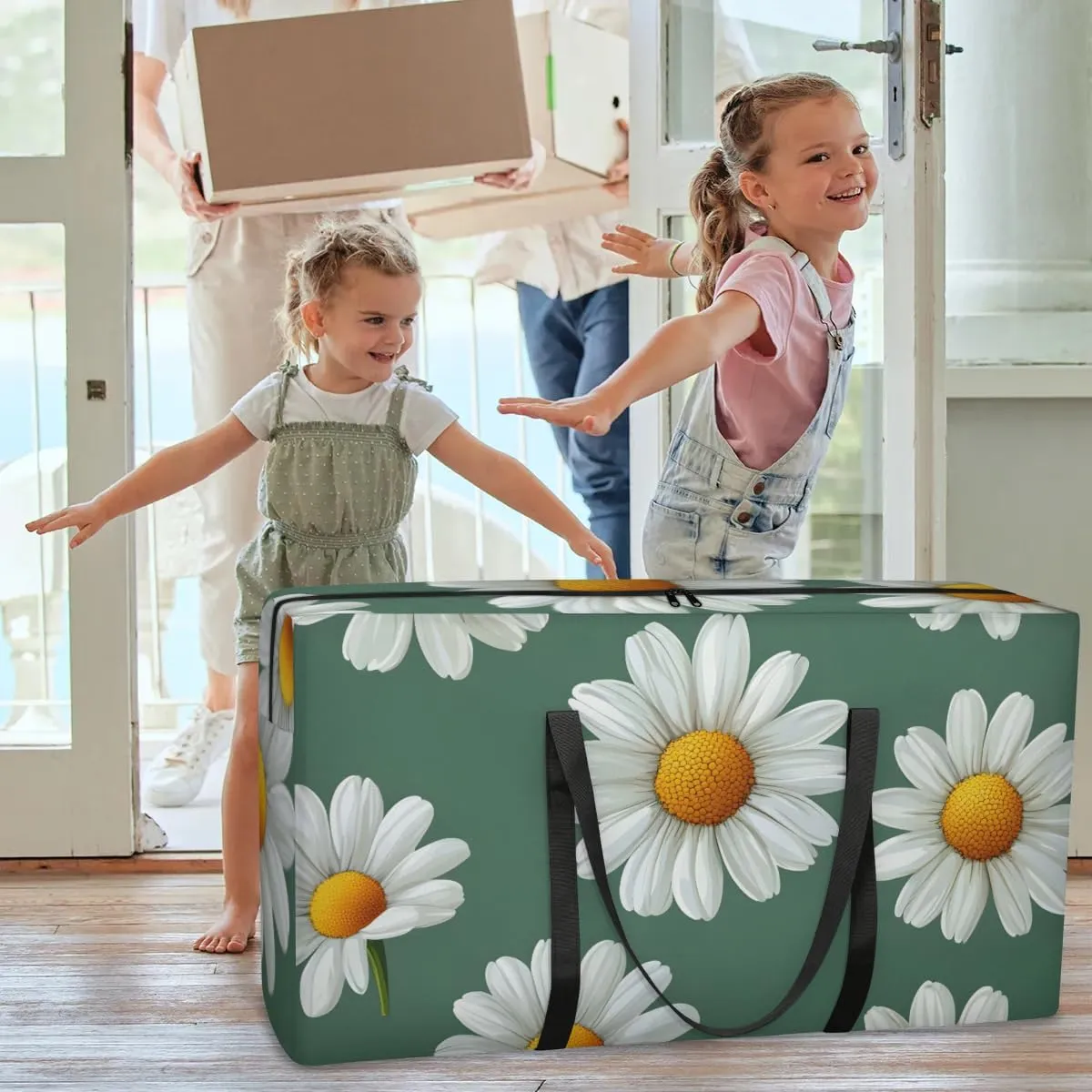 Extra Large Moving Bags Daisies Floral Storage Bags with Handles and Zippers Large Packing Bags for Space Saving Storage Totes Moving Supplies