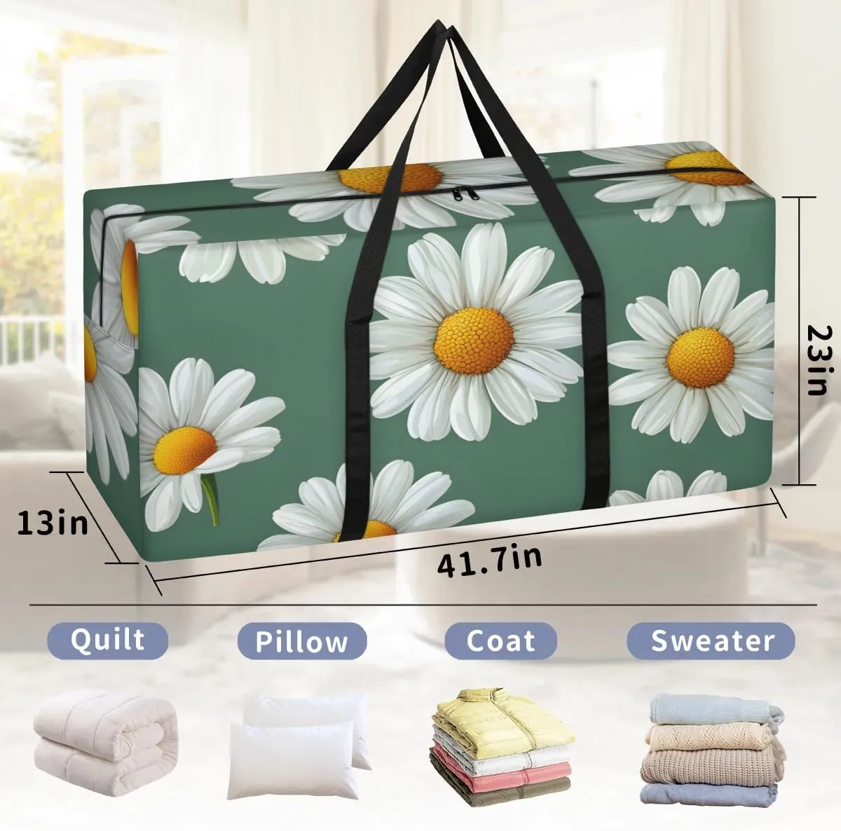 Extra Large Moving Bags Daisies Floral Storage Bags with Handles and Zippers Large Packing Bags for Space Saving Storage Totes Moving Supplies