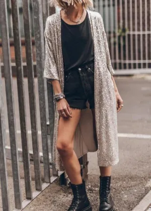 Give Me Sparkle Sequin Kimono  Beige